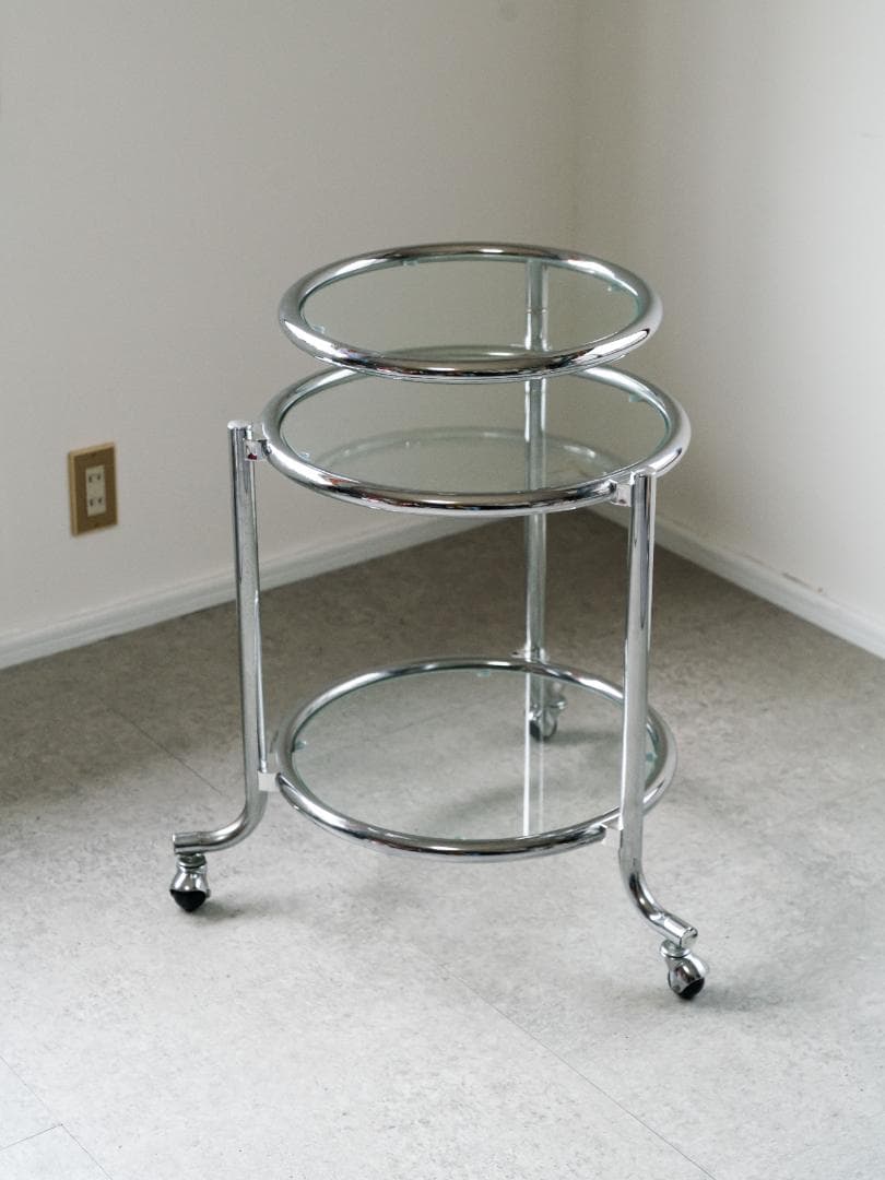 ヴィンテージ　3段 ガラスラウンドテーブル　ワゴン　ミッドセンチュリー　モダン