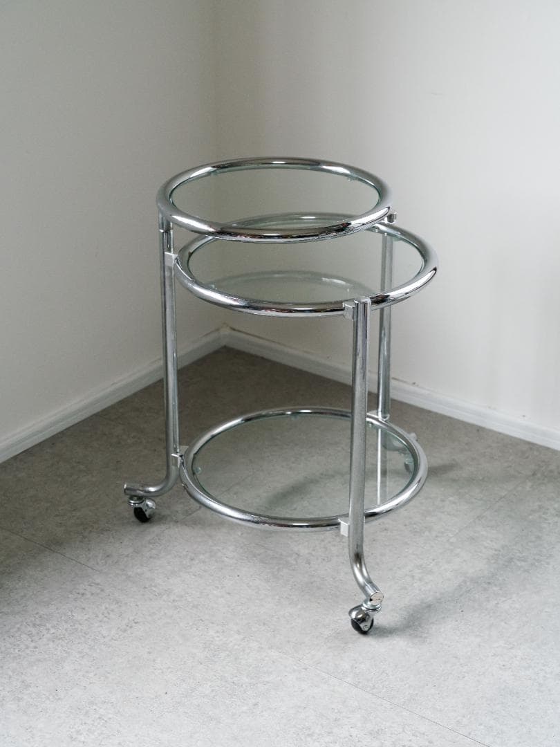 ヴィンテージ　3段 ガラスラウンドテーブル　ワゴン　ミッドセンチュリー　モダン
