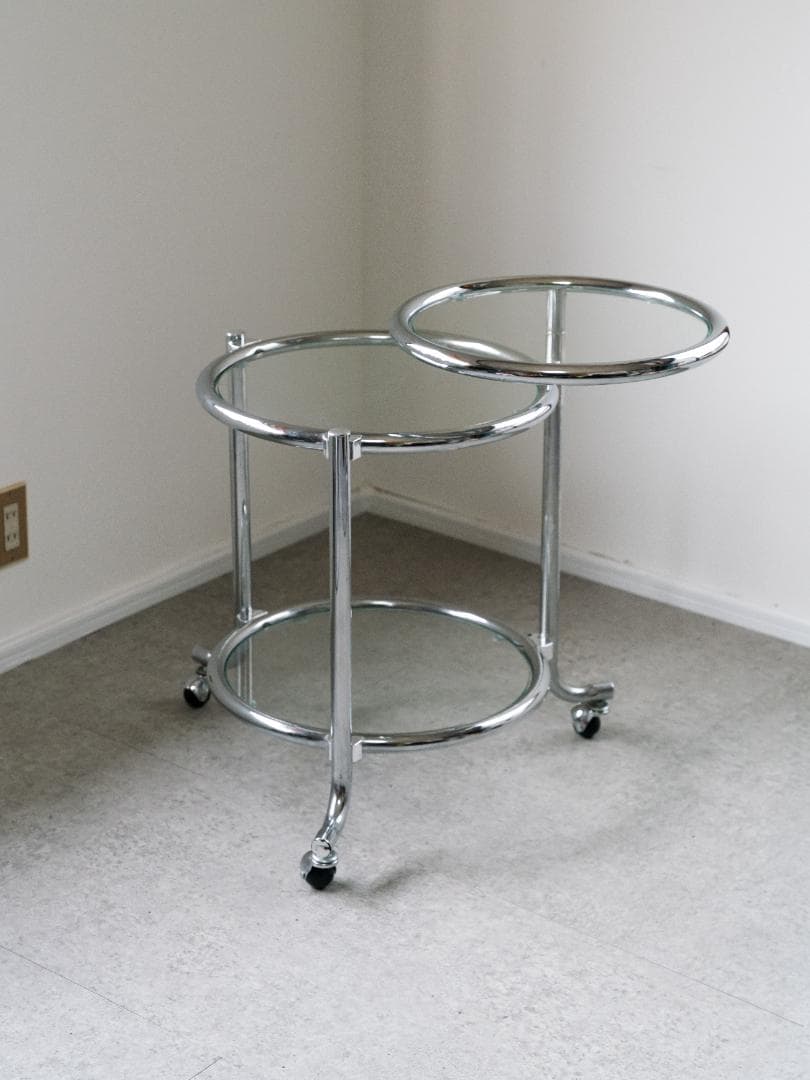 ヴィンテージ　3段 ガラスラウンドテーブル　ワゴン　ミッドセンチュリー　モダン