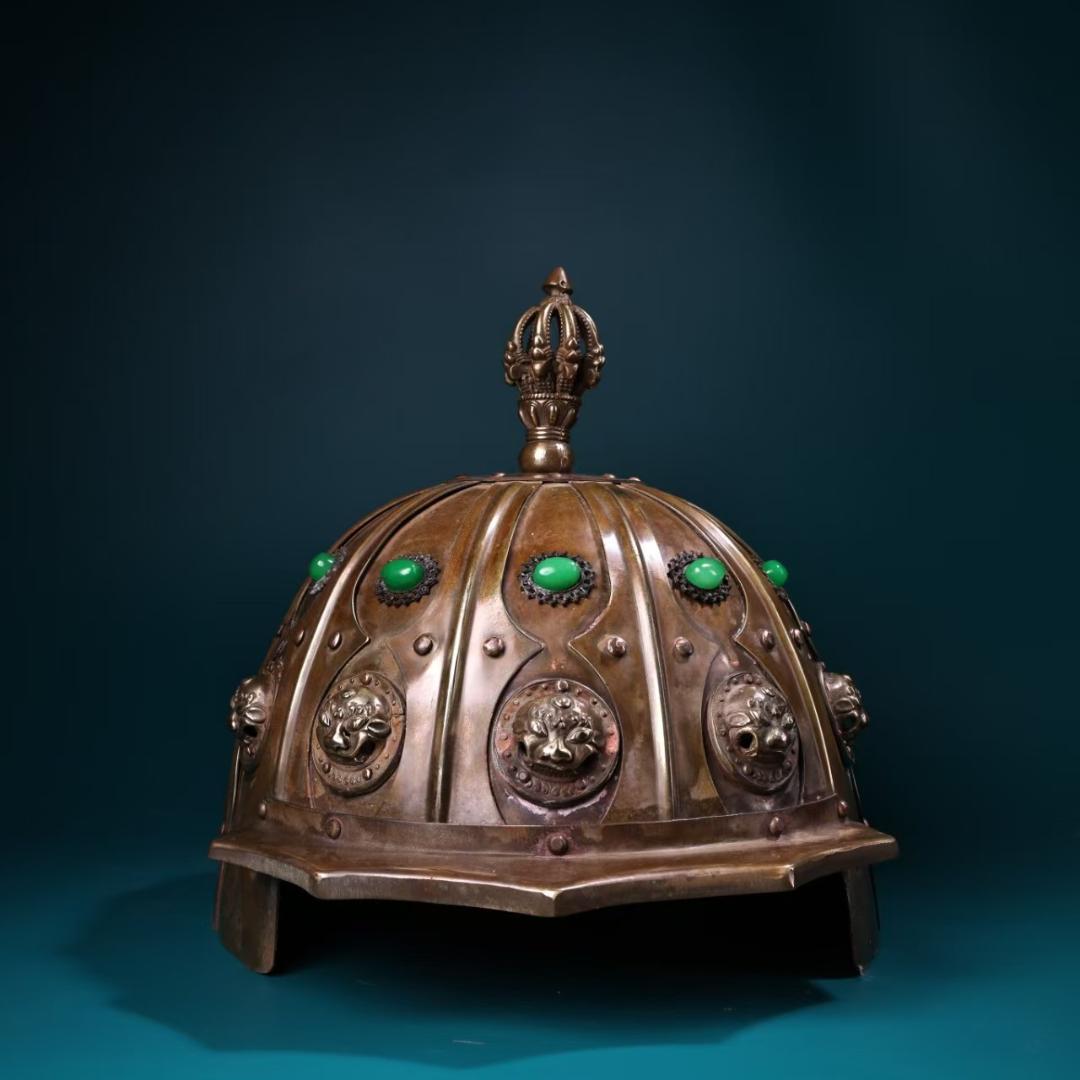 中国古美術 金属製ヘルメット 純銅製 純手作り 極細工 鏨刻 旧家蔵出 唐物