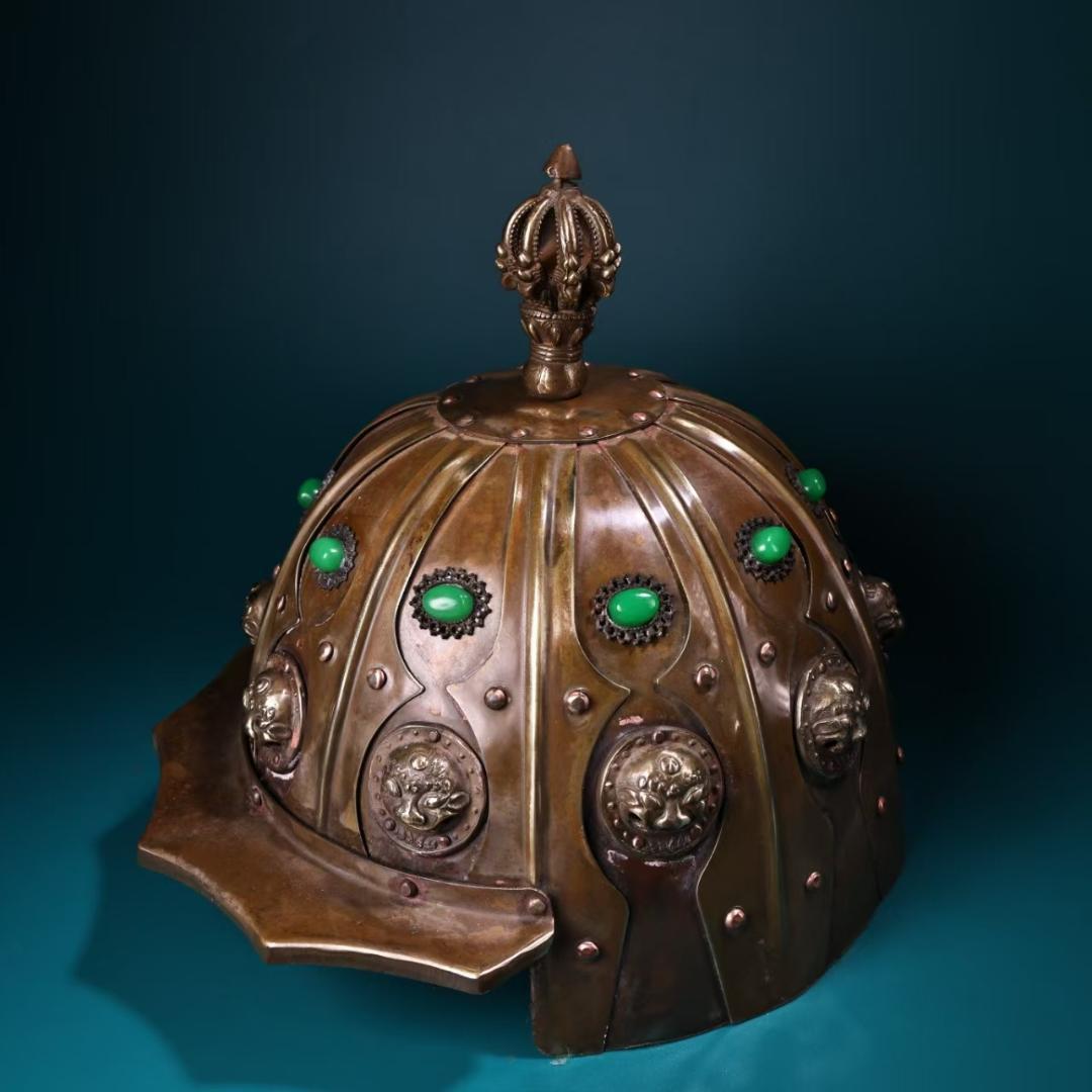 中国古美術 金属製ヘルメット 純銅製 純手作り 極細工 鏨刻 旧家蔵出 唐物