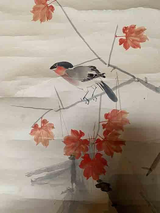 掛軸 木村武山 鳥 日本画 紅葉 銘あり 共箱あり 中古 21.01.16-1.
