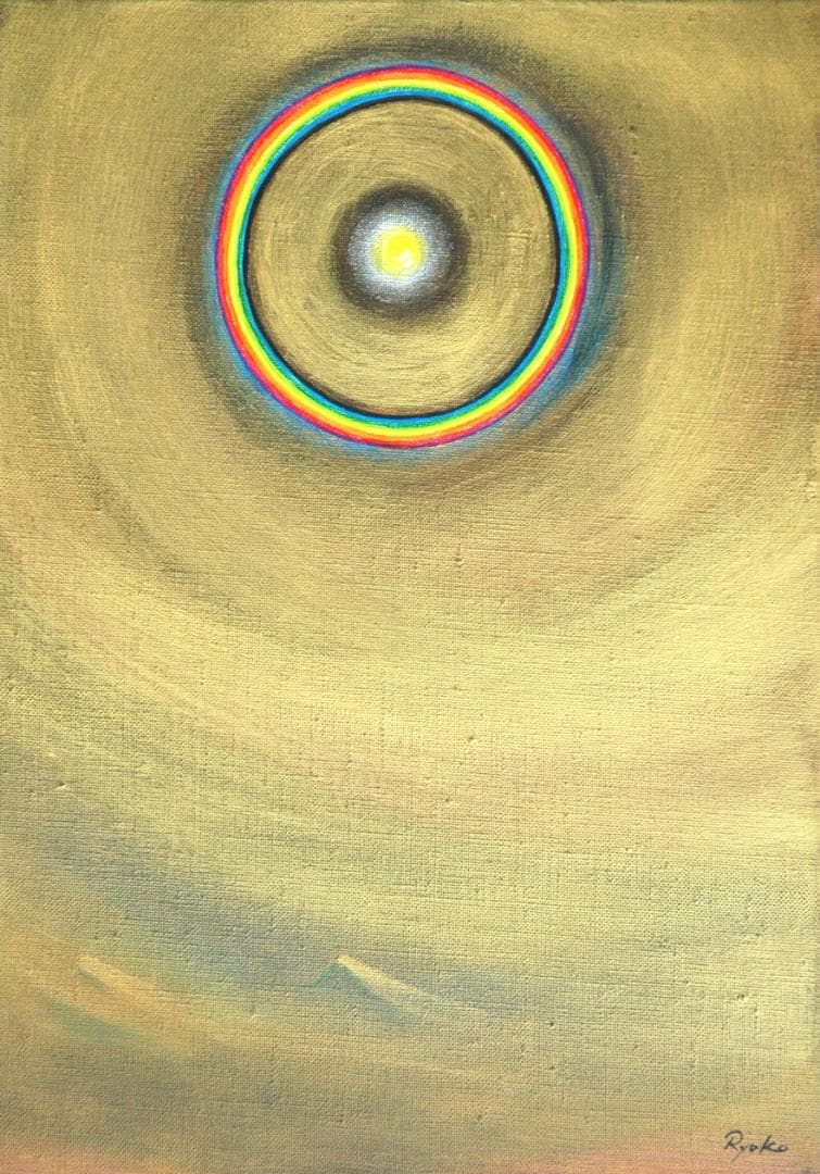 油絵 菅家令子 絵 絵画インテリア額付(青緑＋金色の枠)F4-G202023祈り