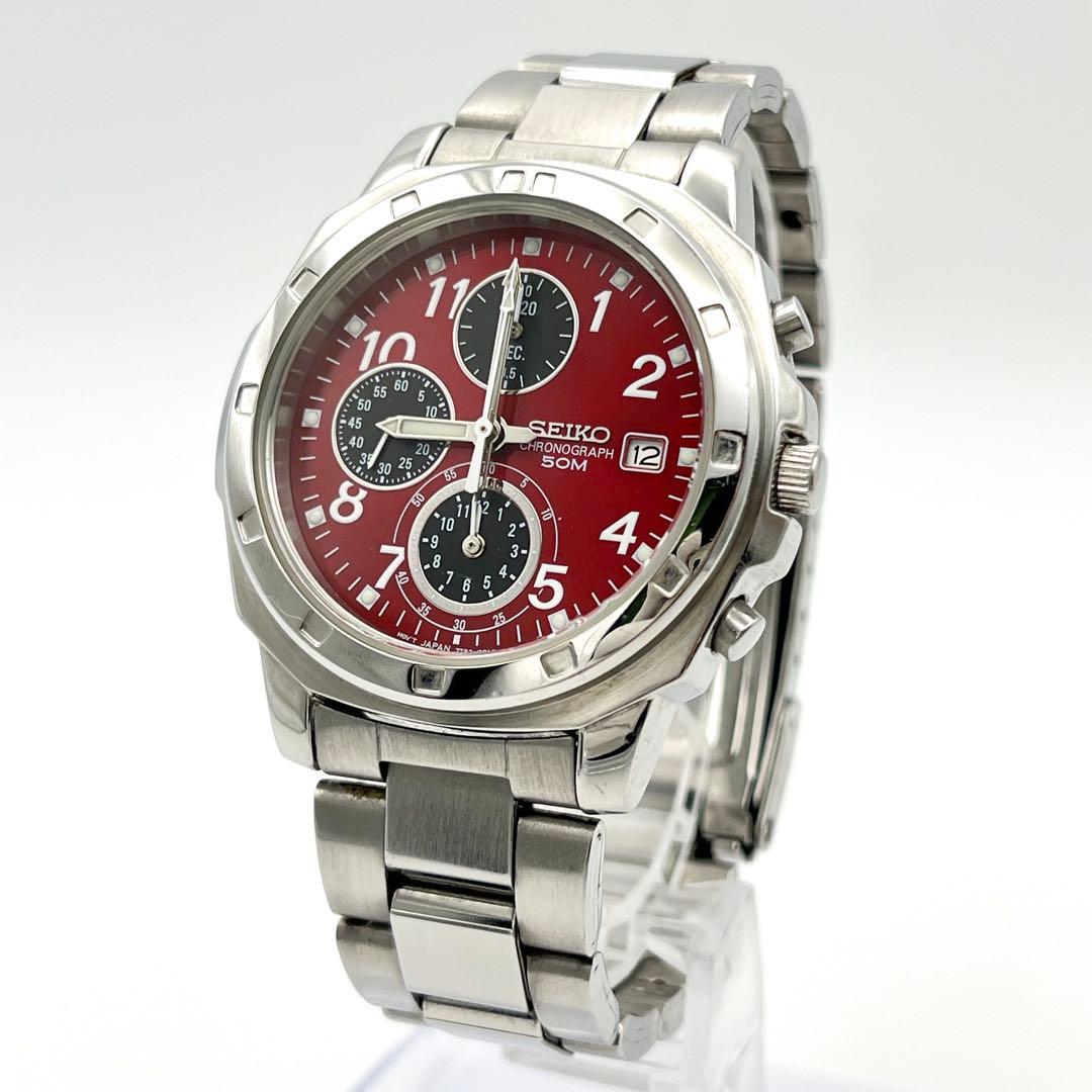 SEIKO 7T92-0CA0 クロノグラフ メンズ 腕時計 新品電池 赤文字盤