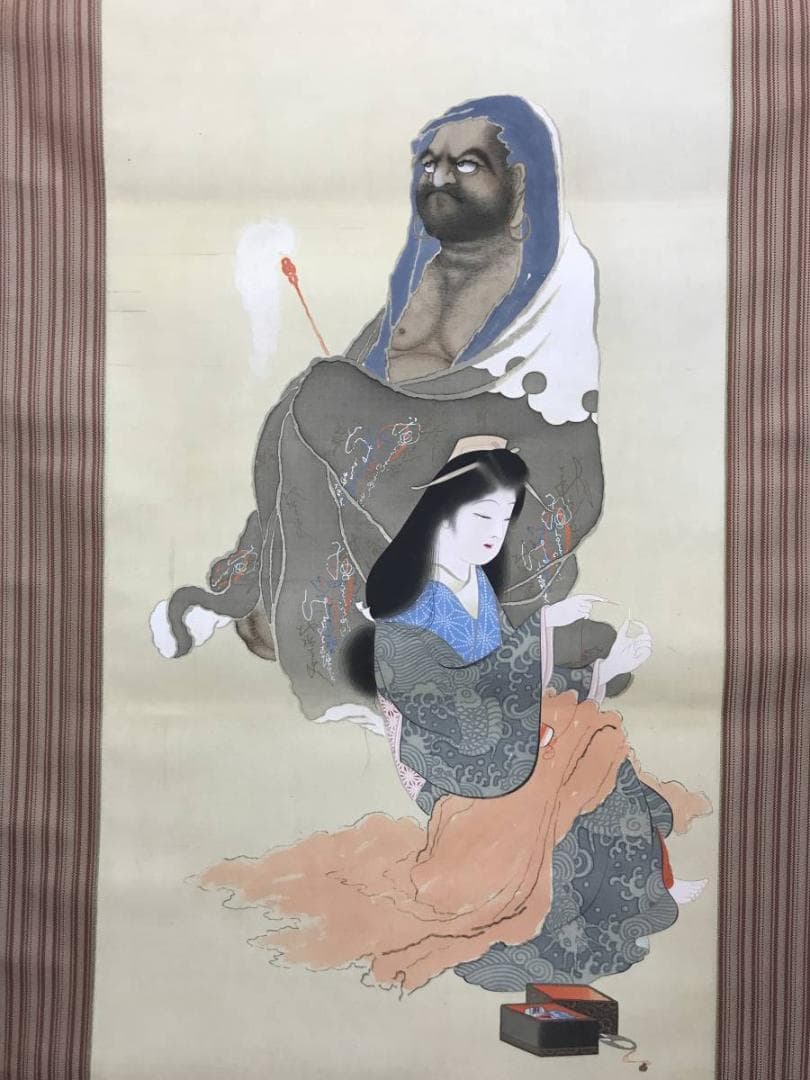 【真作】玉鳳/達磨美人図/ダルマ図/美人画/掛軸/名家伝来/AC-444