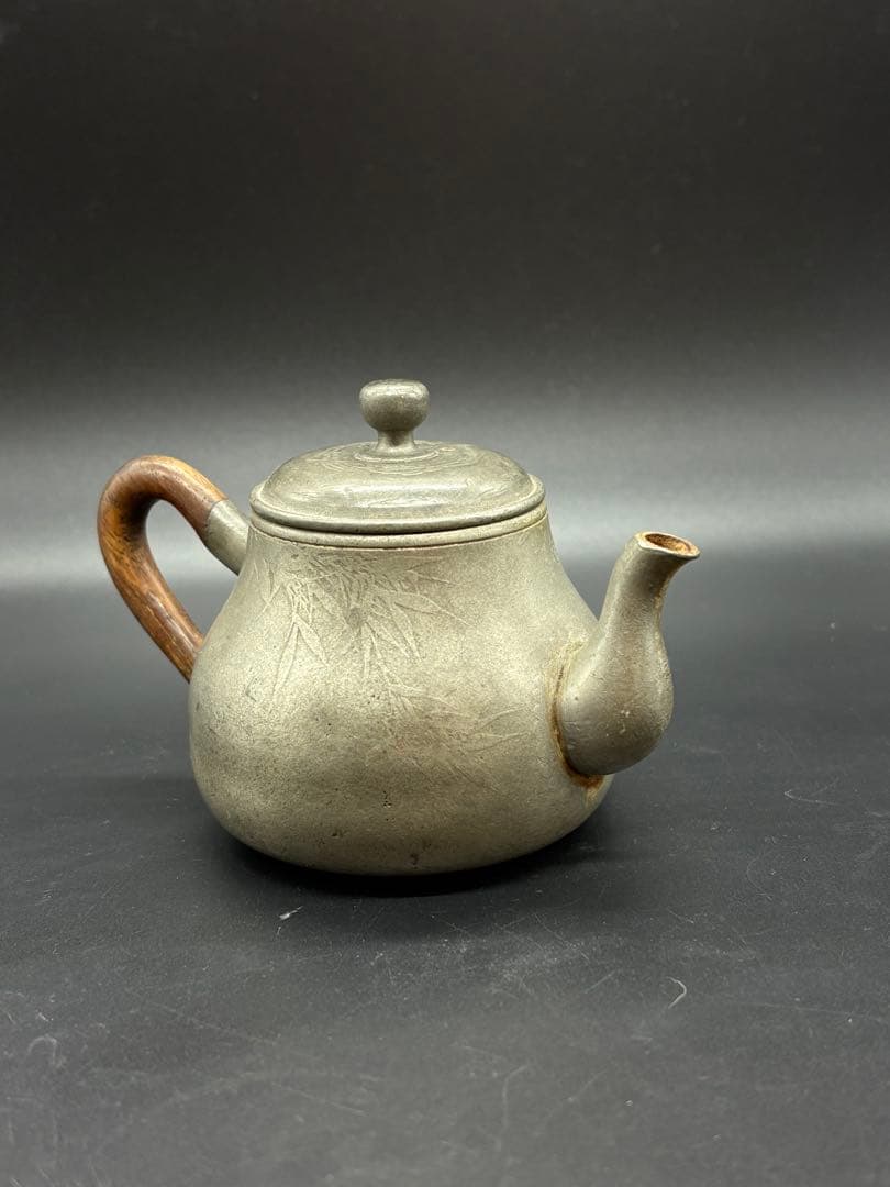 煎茶道具 古錫製 草花紋 木製持手彫細工 一文字急須 /煎茶器 錫器 本錫製