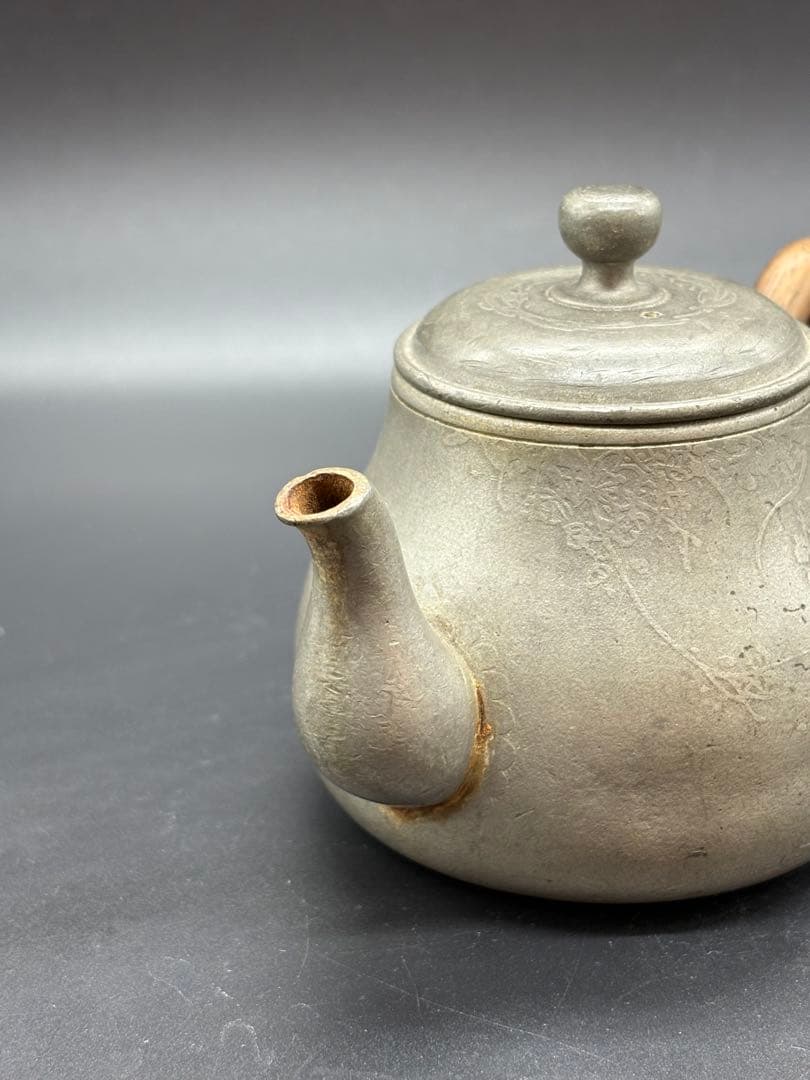 煎茶道具 古錫製 草花紋 木製持手彫細工 一文字急須 /煎茶器 錫器 本錫製