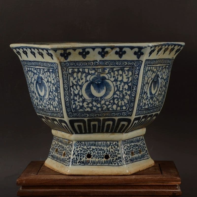 青花磁器六方鉢 盆栽鉢 中国鉢 植木鉢 多肉植物鉢 小品盆栽鉢 山野草鉢