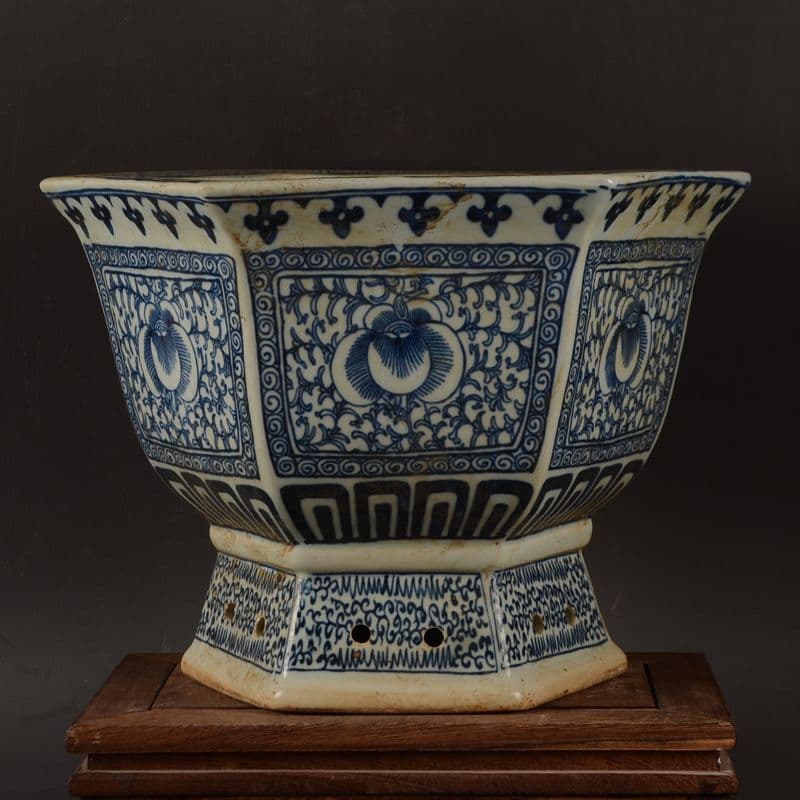 青花磁器六方鉢 盆栽鉢 中国鉢 植木鉢 多肉植物鉢 小品盆栽鉢 山野草鉢