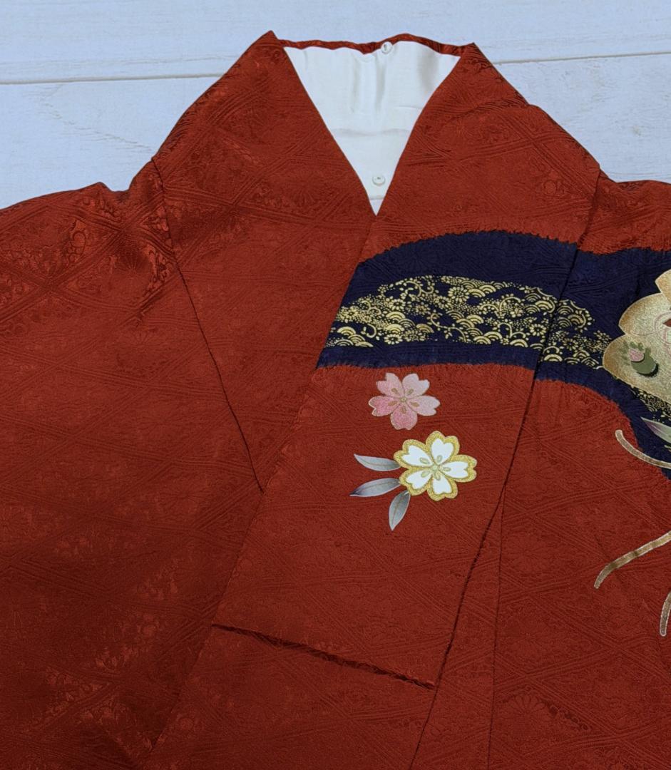 振袖１　御所車に絞り柄振袖と帯のセット　やまと　赤・紺　身丈１６５裄６９