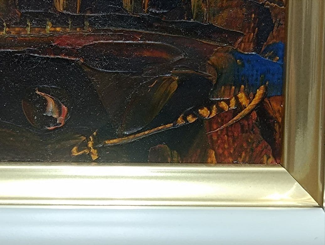 額装／ニチガク　油絵　直筆「夕暮れの漁港」サインあり