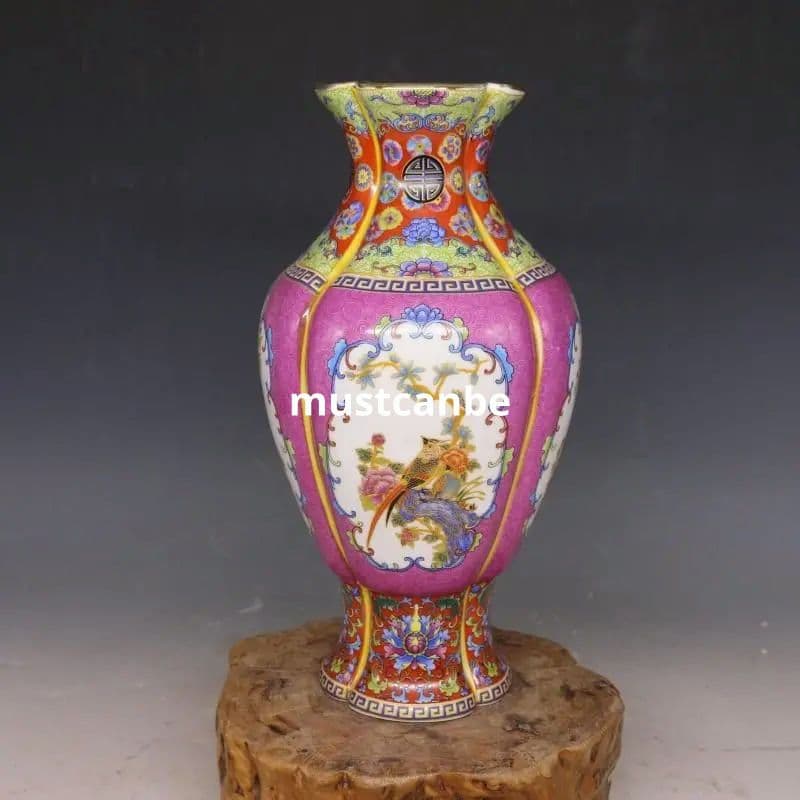 清雍正琺瑯彩花鳥如意花瓶 景徳鎮 陶磁器 装飾品 現代工芸品 美術品 置物