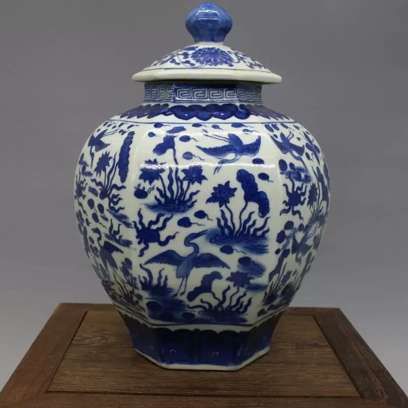 清乾隆青花花鳥六方蓋缶 砂糖缶 景徳鎮 陶磁器 装飾品 現代工芸品美術品 置物