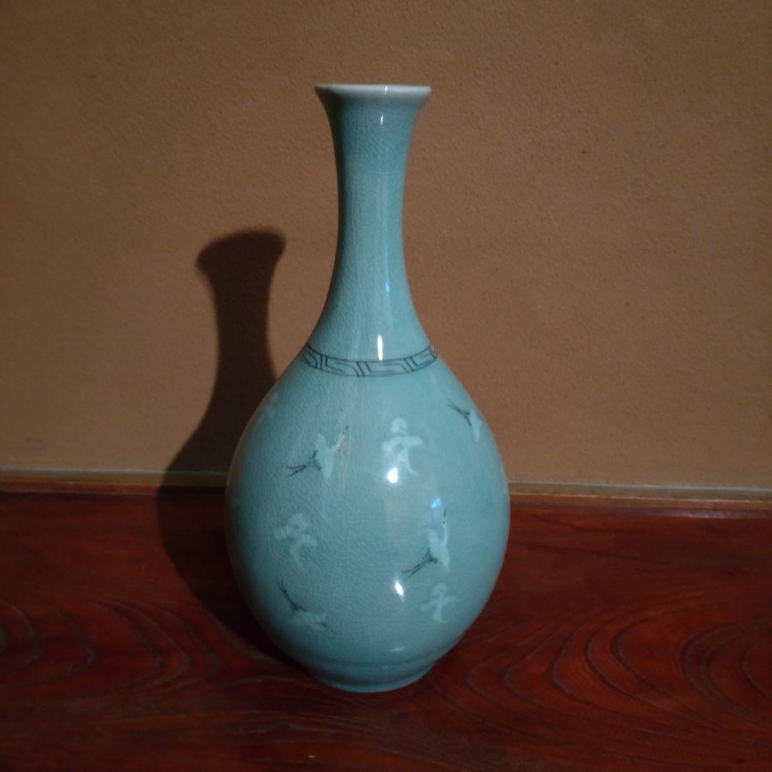 韓国高麗青磁象嵌鶴首壷　『趙奉洙』作