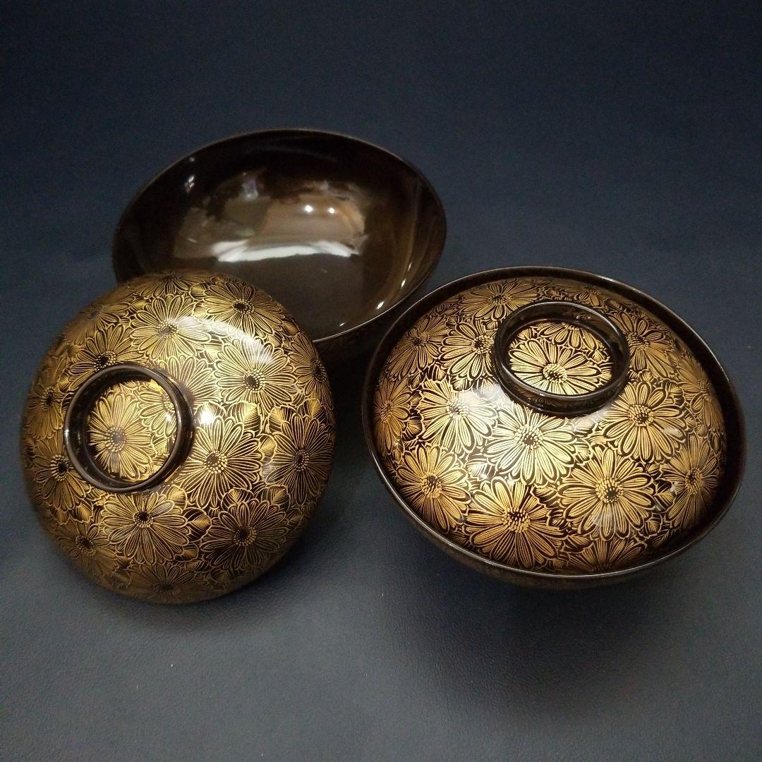 能登輪島塗 総沈金 菊花詰 吸物椀 2客　懐石椀 茶道具　美品　①