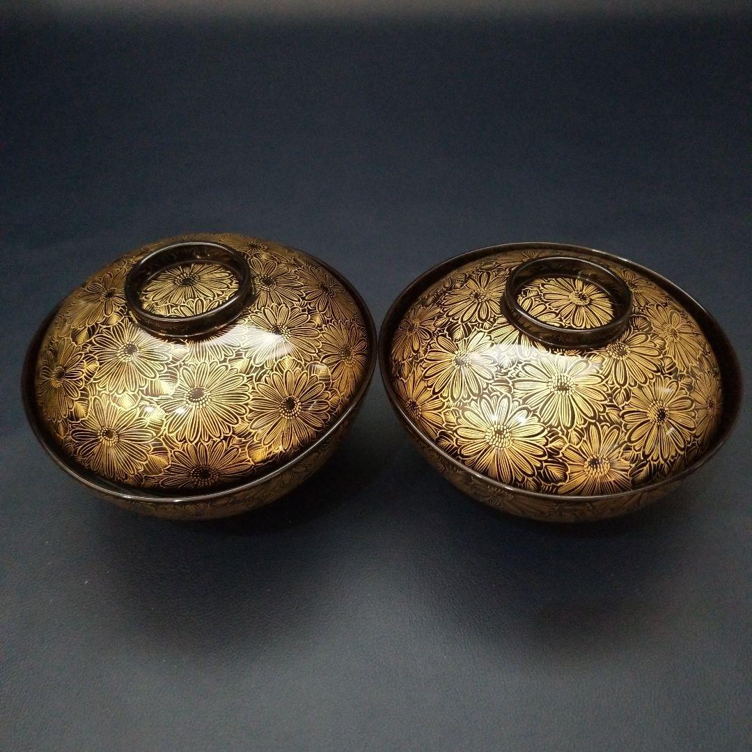 能登輪島塗 総沈金 菊花詰 吸物椀 2客　懐石椀 茶道具　美品　①