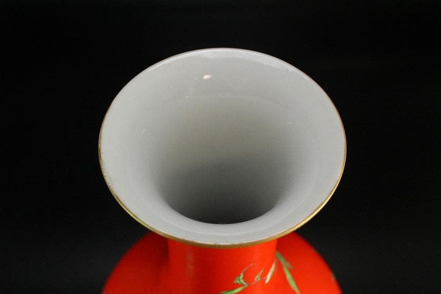 中国美術 珊瑚釉 花鳥 瓶 高34cm 雍正年製(K-LC201)