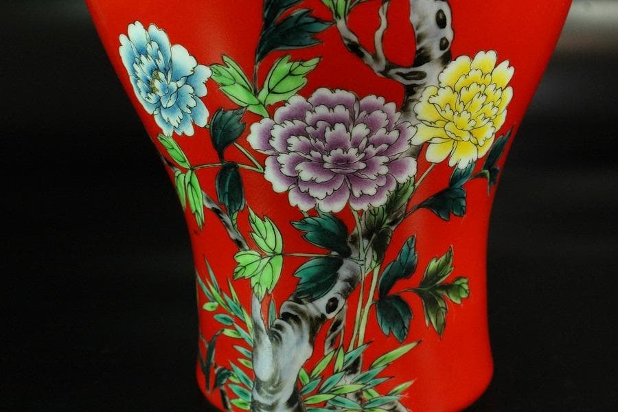 中国美術 珊瑚釉 花鳥 瓶 高34cm 雍正年製(K-LC201)