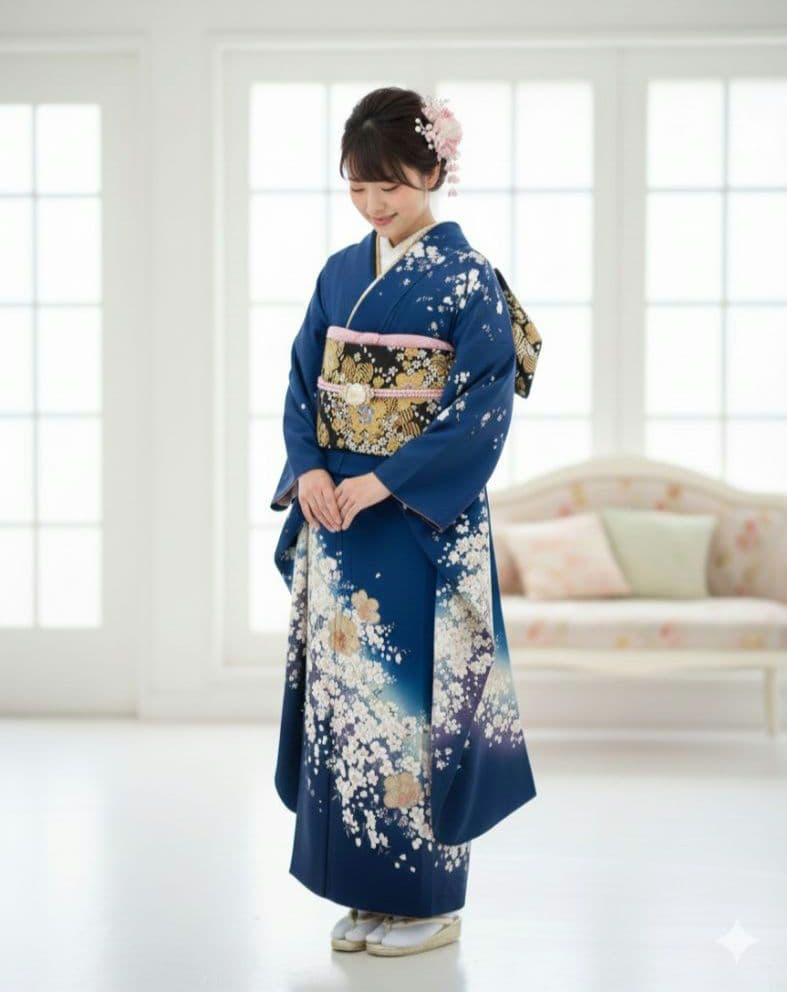 ロイヤルブルー 桜尽くし　金彩技法　振袖フルセット　美品　丈160 裄66