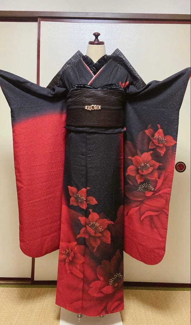 振袖フルセット　正絹振袖成人式　振袖6点セット　クロコ黒帯