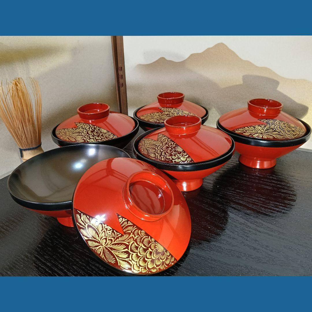 AN59 吸物椀 沈金蒔絵 高台 蓋付椀 木製朱漆器 五客 木箱