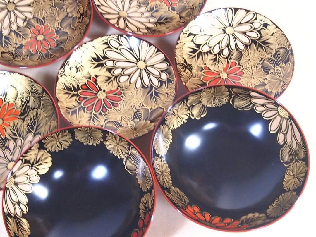 【良品】輪島塗 美術漆器 菊詰沈金 吸物椀5客 汁椀/お椀 輪島漆器商会 食器