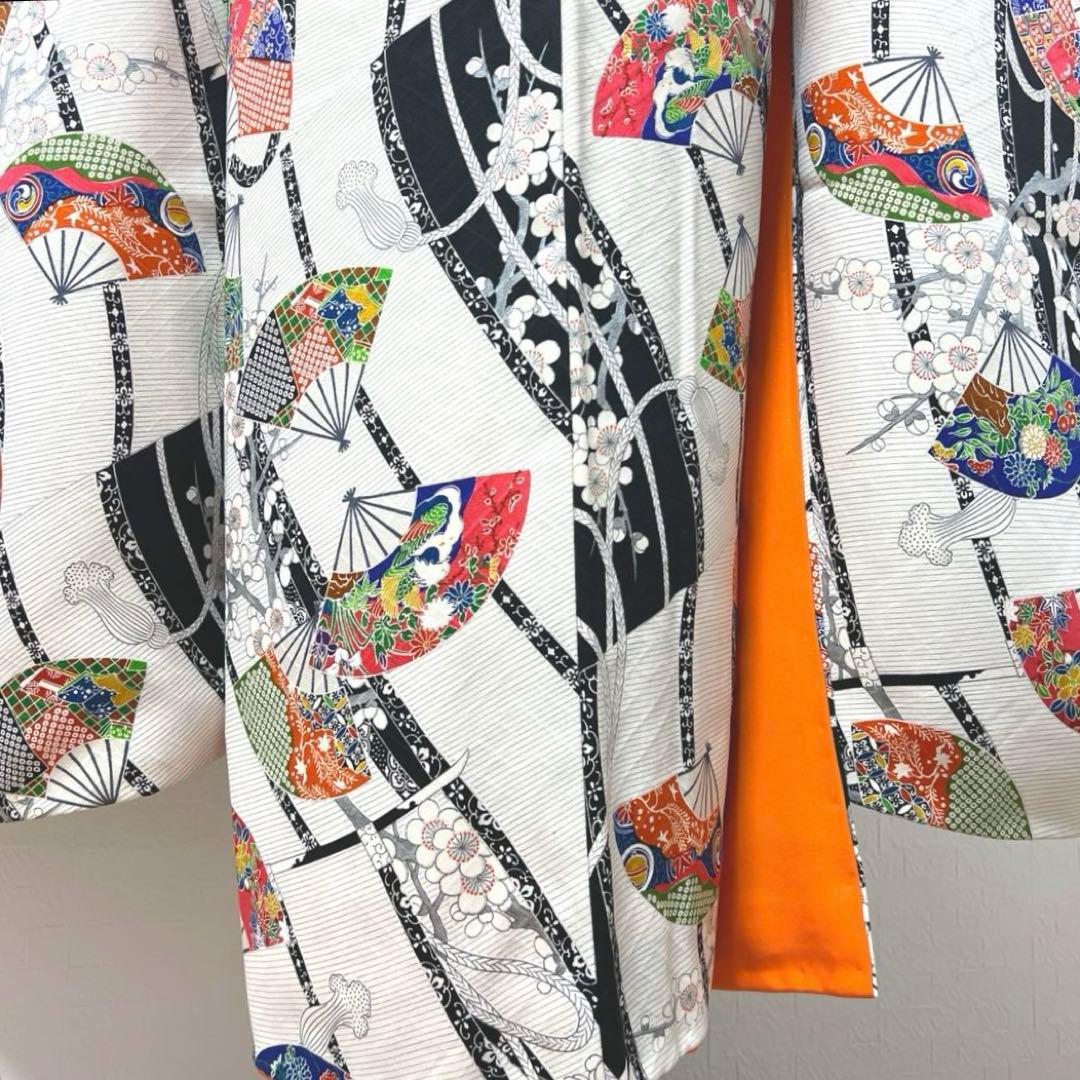 462 振袖フルセット 正絹 白 オフホワイト 小紋 扇面 梅 レトロ カラフル