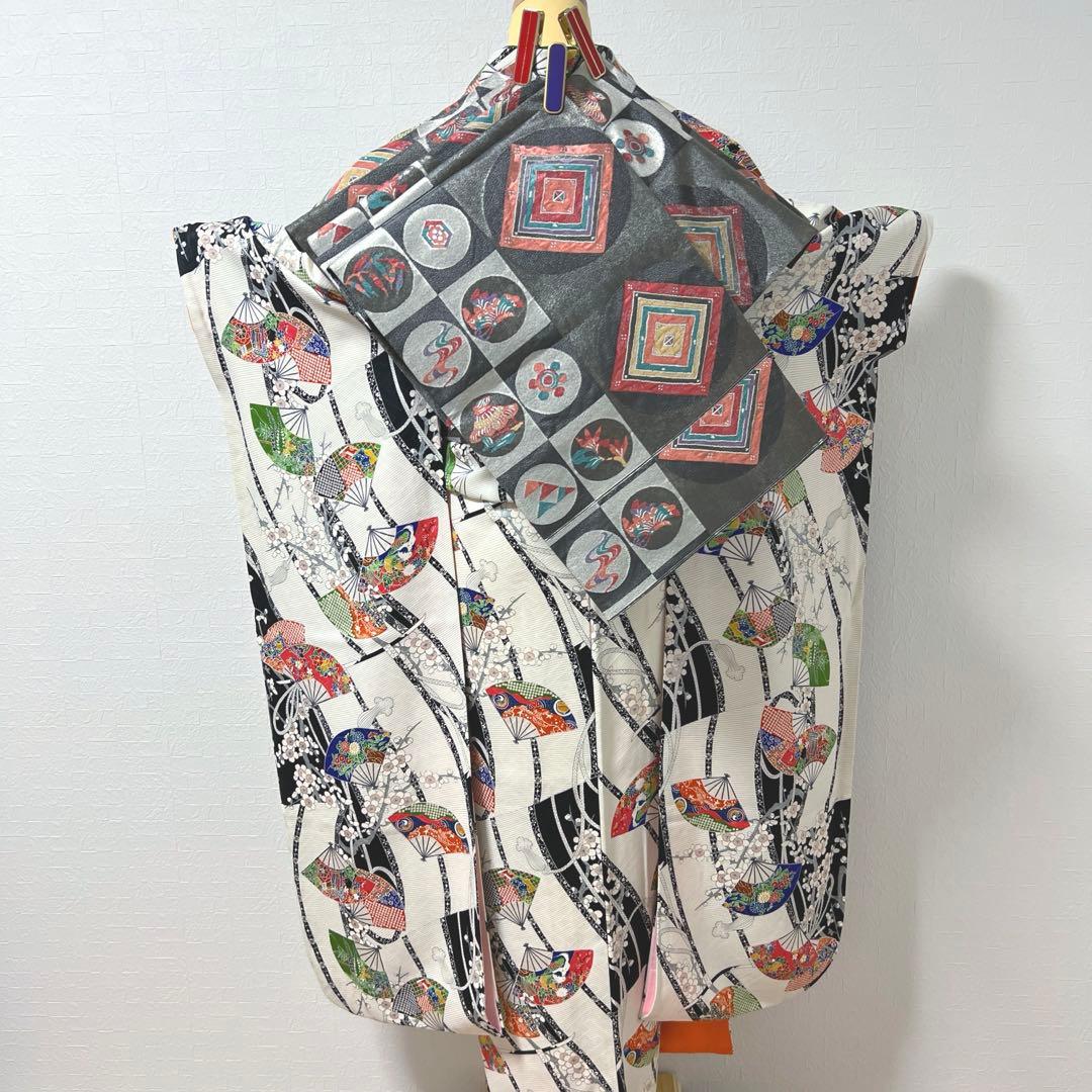 462 振袖フルセット 正絹 白 オフホワイト 小紋 扇面 梅 レトロ カラフル