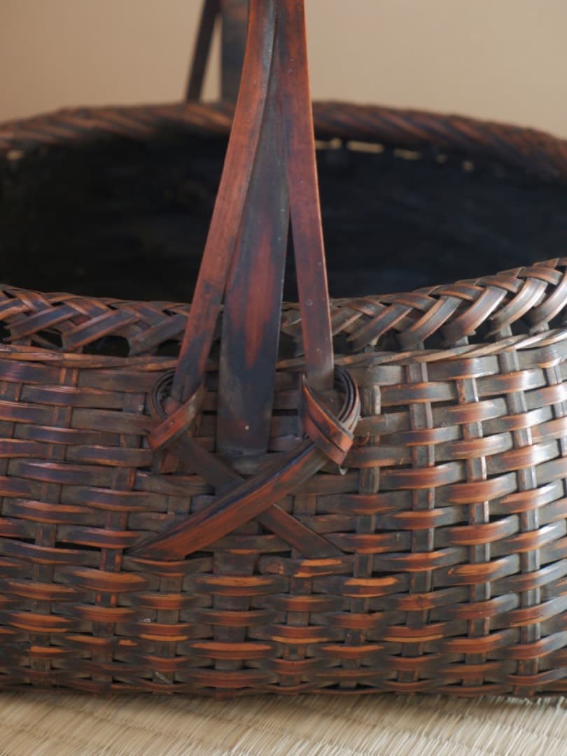 竹編み籠　手付炭籠　竹細工　茶道具　竹工芸　古道具　Q2194