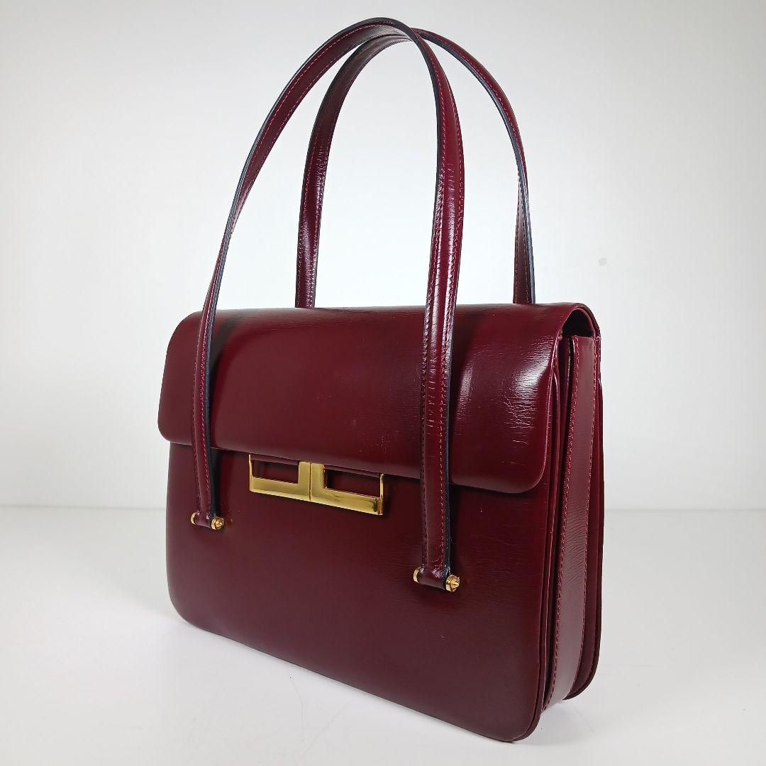 ランバン ヴィンテージ スムースレザー ハンドバッグ 光沢 ボルドー