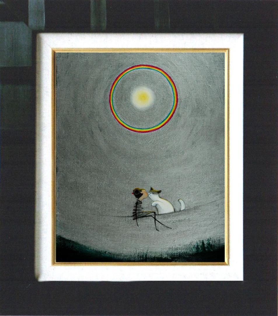 油絵 菅家令子 絵 絵画インテリア額付(淡い銀青緑) F3-031019猫女の子