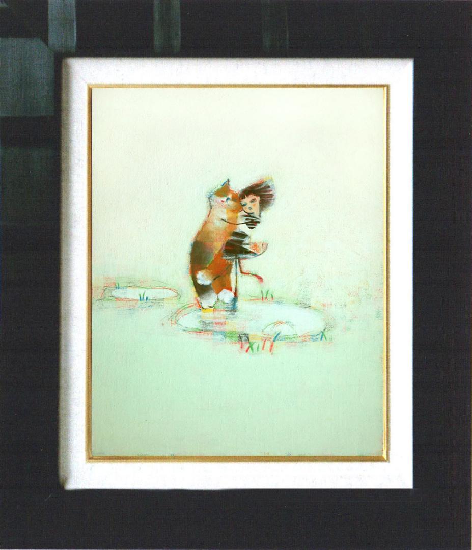 油絵 菅家令子 絵 絵画インテリア 額付(黒) F4-072719 子猫と女の子