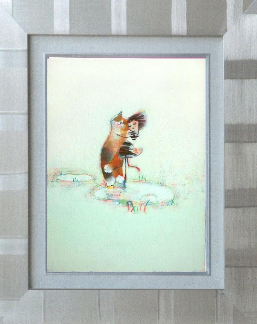 油絵 菅家令子 絵 絵画インテリア 額付(黒) F4-072719 子猫と女の子