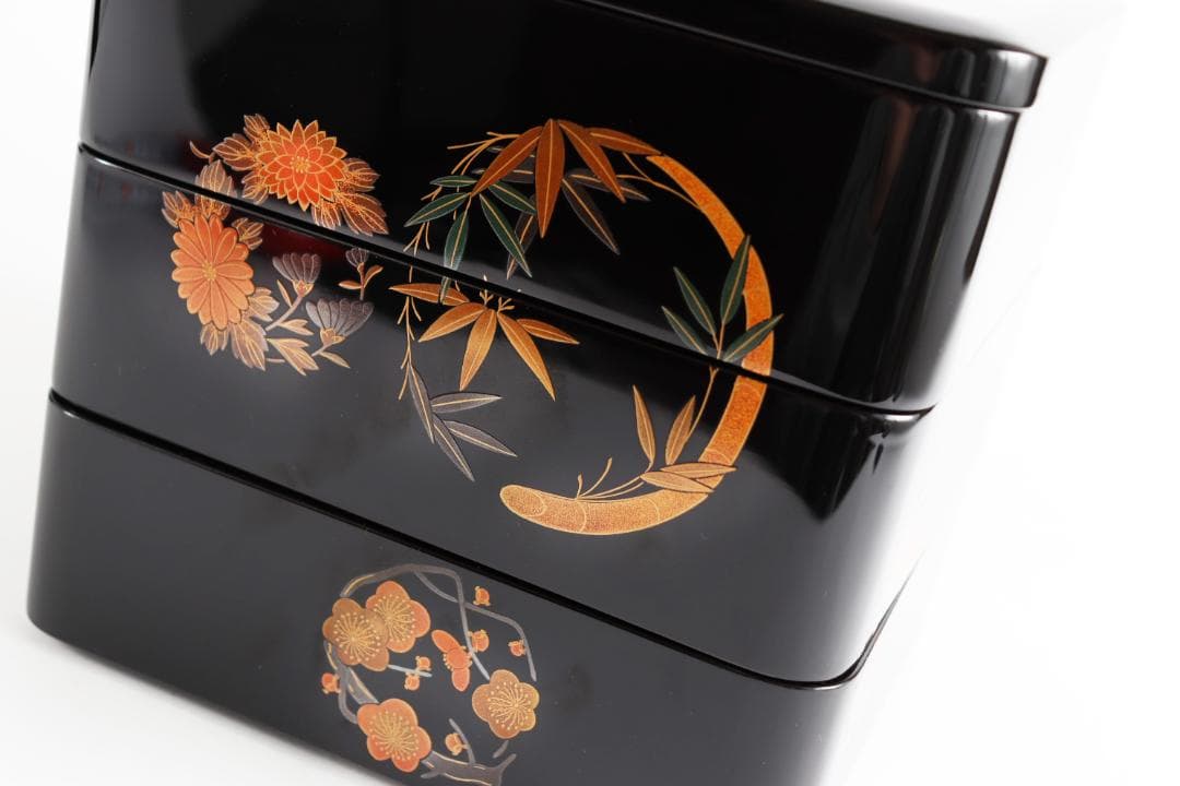 輪島塗 三段重 重箱 花紋 金彩 共箱