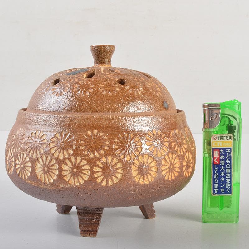 肥前　くろかみ窯　小野竹春作　花文　香炉　共箱　C　R7327