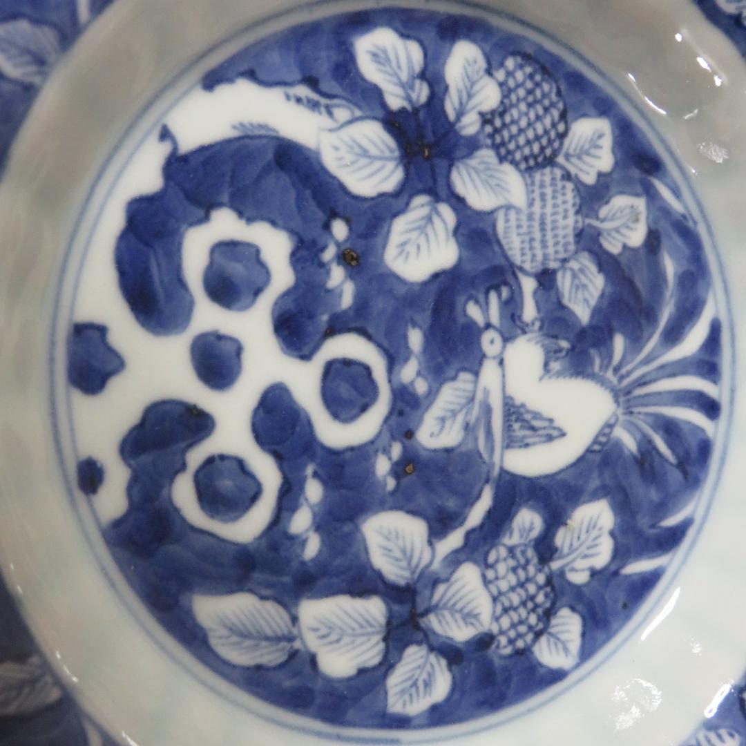 染付皿 中皿 3枚 鳥文 花文 岩文 花弁縁 明治 大正 五寸皿 美品