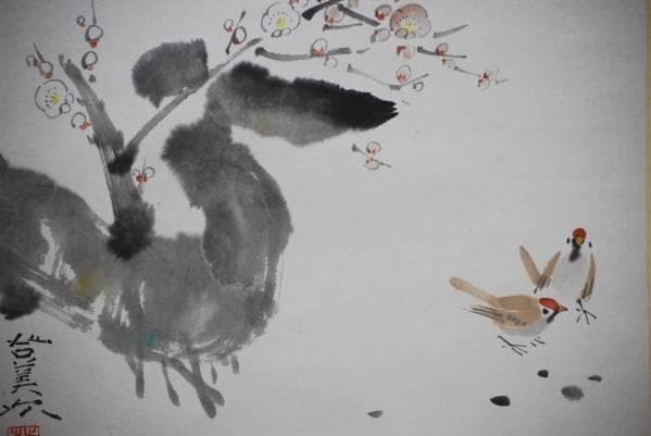 真作/川島登美次/紅梅に雀図/桐共箱付/布袋屋掛軸HC-355