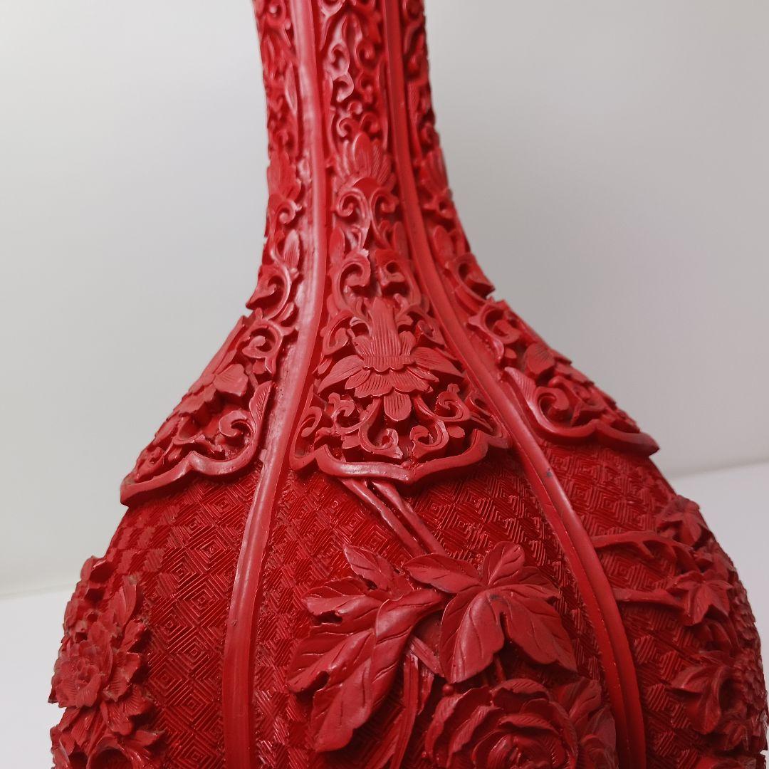 Y2551 中国 堆朱 6面花図 花瓶 高さ31.5㎝