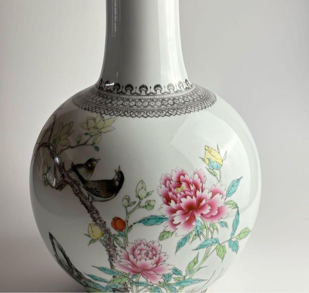 中国 花瓶 色絵 磁器 花鳥 壺 壷 花瓶 陶磁器 粉彩