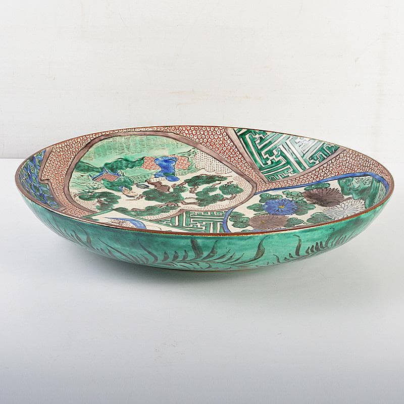 九谷焼　青手九谷　色絵　山水人物文　大皿　飾皿　直径約37㎝　M　6646C