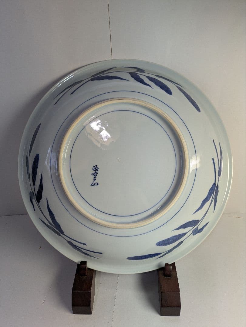 要さん専用　館林源右衛門窯、『染付粟鶉図大皿』、銘「源右衛門」有、皿立付、箱無