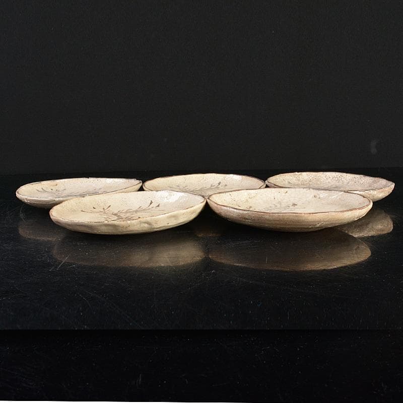 和食器　志野焼　絵志野　大橋秋二作　松文　銘々皿　五客　共箱　V　R7415