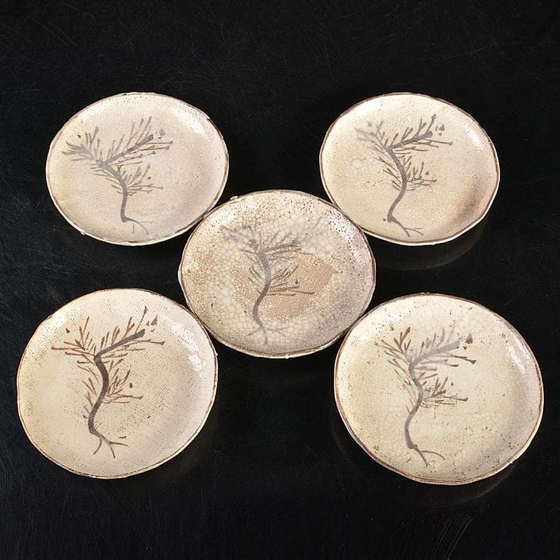 和食器　志野焼　絵志野　大橋秋二作　松文　銘々皿　五客　共箱　V　R7415