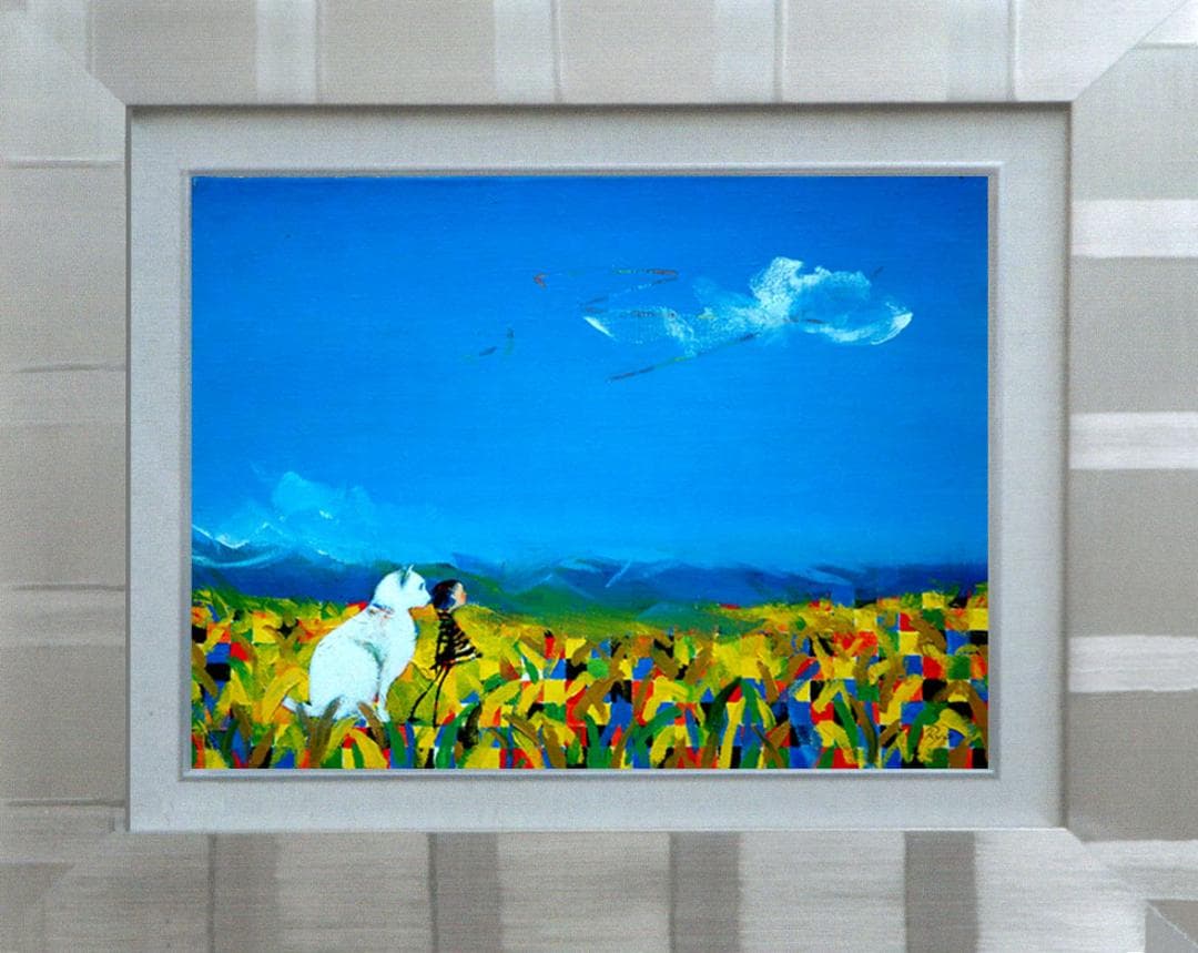 油絵菅家令子絵 絵画インテリア額付(青緑＋金色の枠)F4-072119子犬猫女子