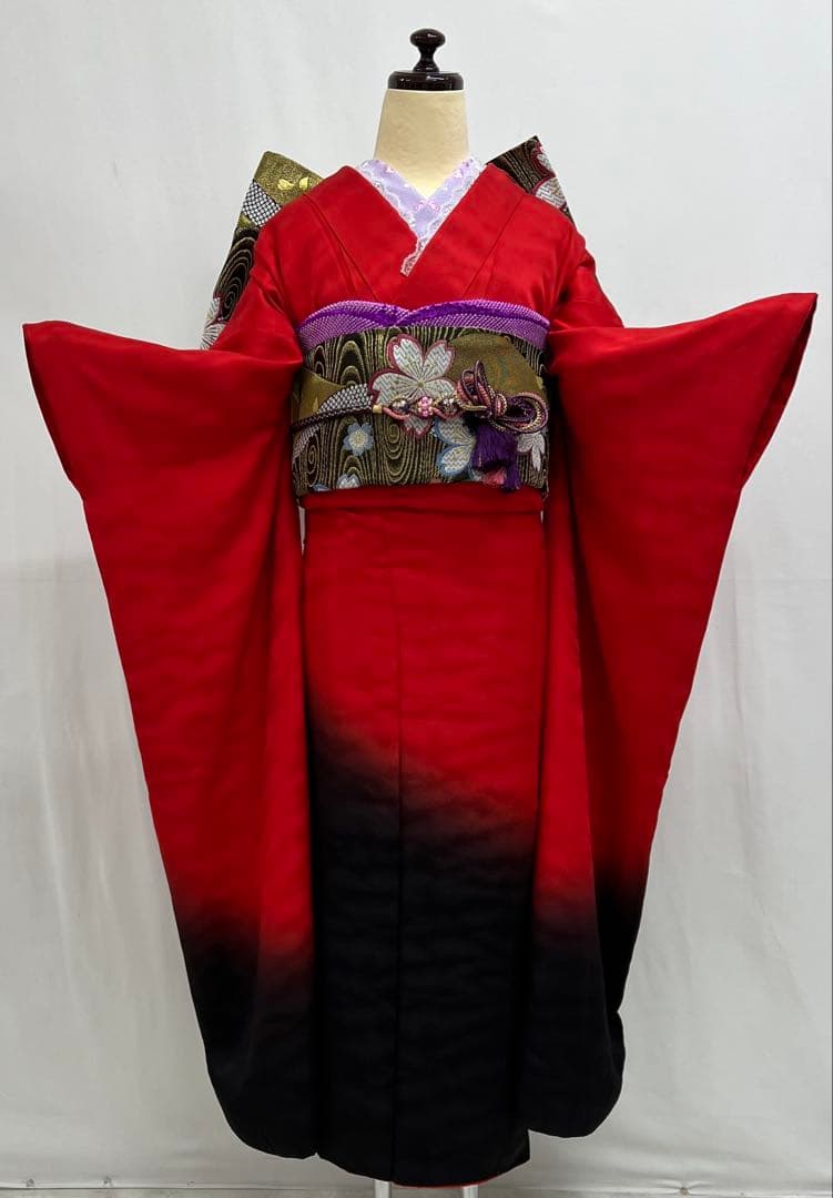 振り袖　フルセット　別誂絞り長襦袢付　赤　黒　ツートーン　成人式　 580