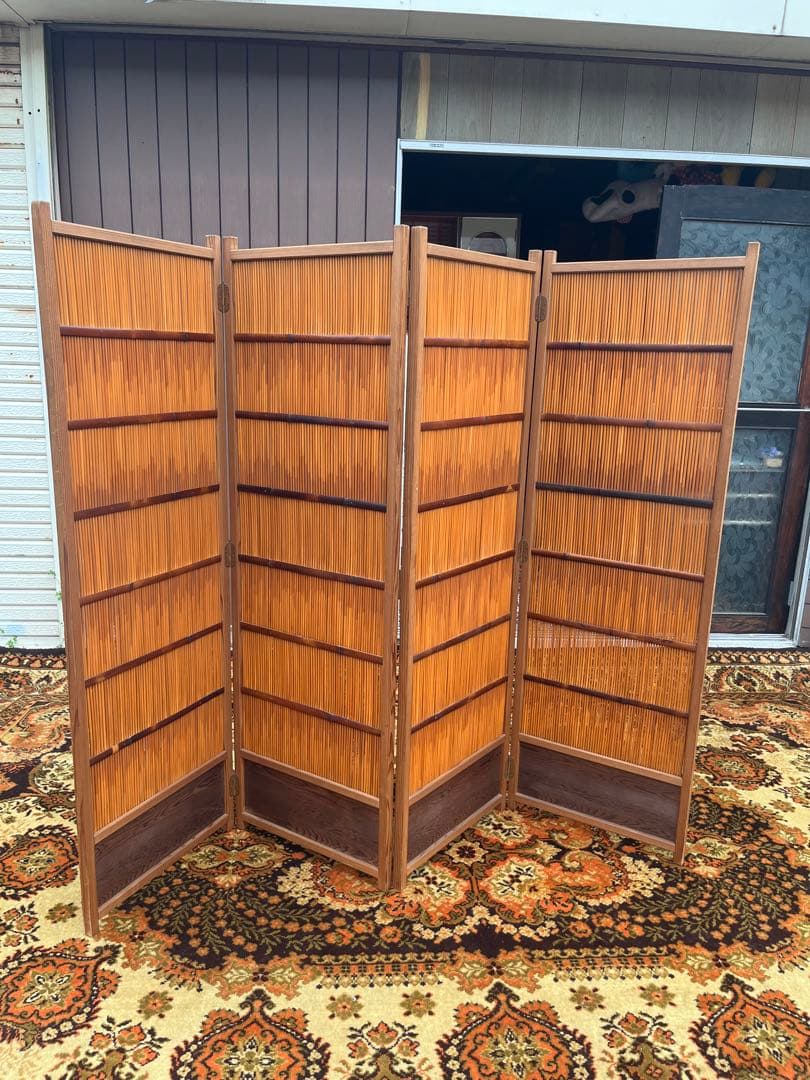 花寄屏風 4枚折 衝立 茶道具 パーテーション 目隠し インテリア 昭和レトロ