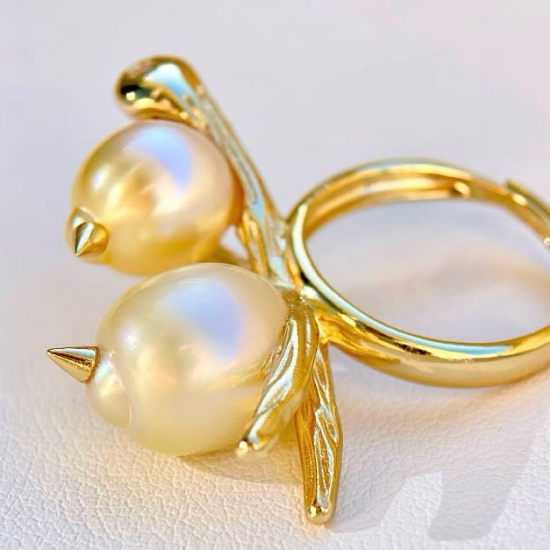 本真珠南洋白蝶真珠シャンパン&ゴールド「鳥と枝 」s925リングY1006