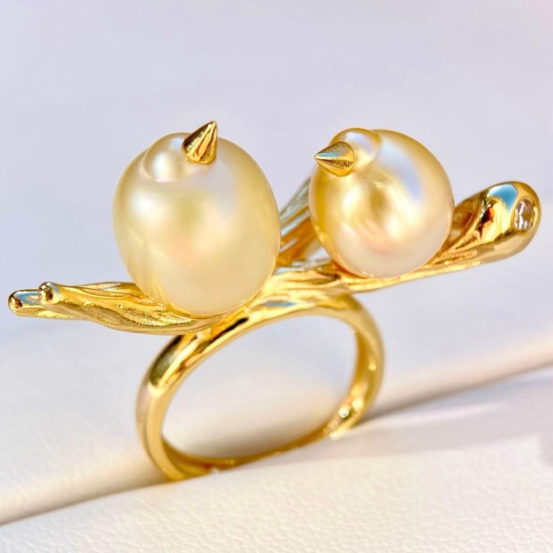 本真珠南洋白蝶真珠シャンパン&ゴールド「鳥と枝 」s925リングY1006