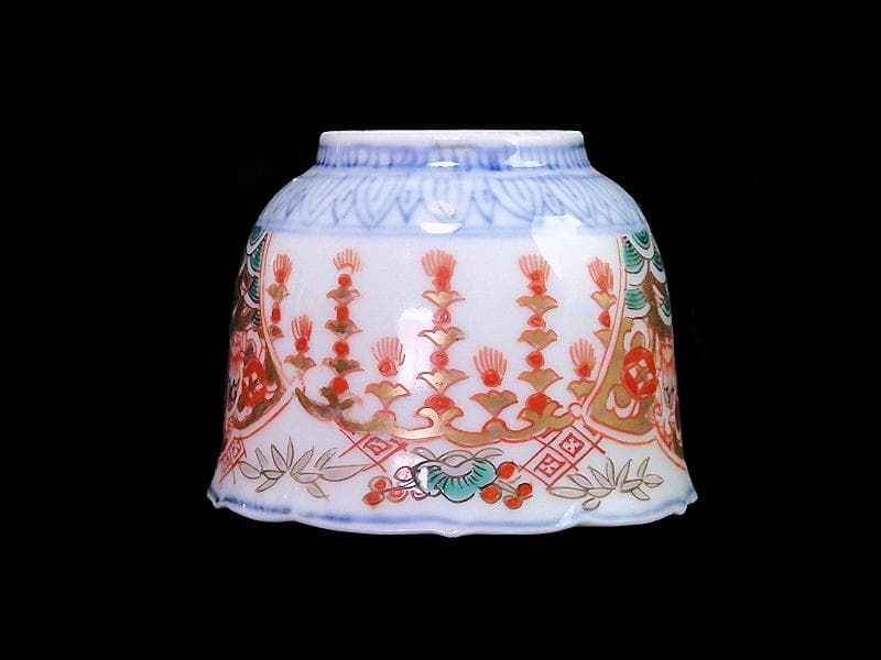 古伊万里　金襴手　瓔珞紋に松竹梅　獅子に青海波の図　猪口　E767AS-CRj