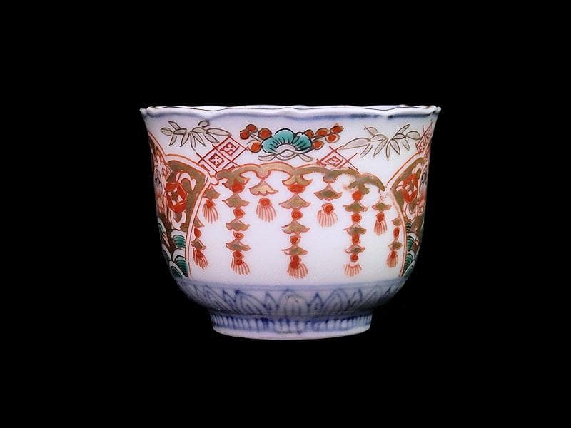 古伊万里　金襴手　瓔珞紋に松竹梅　獅子に青海波の図　猪口　E767AS-CRj